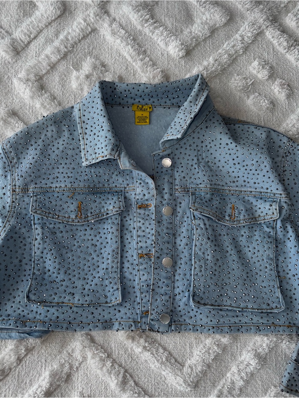 Cropped Light Blue Rhinestone Studded Denim Jacket | Size Medium 💎